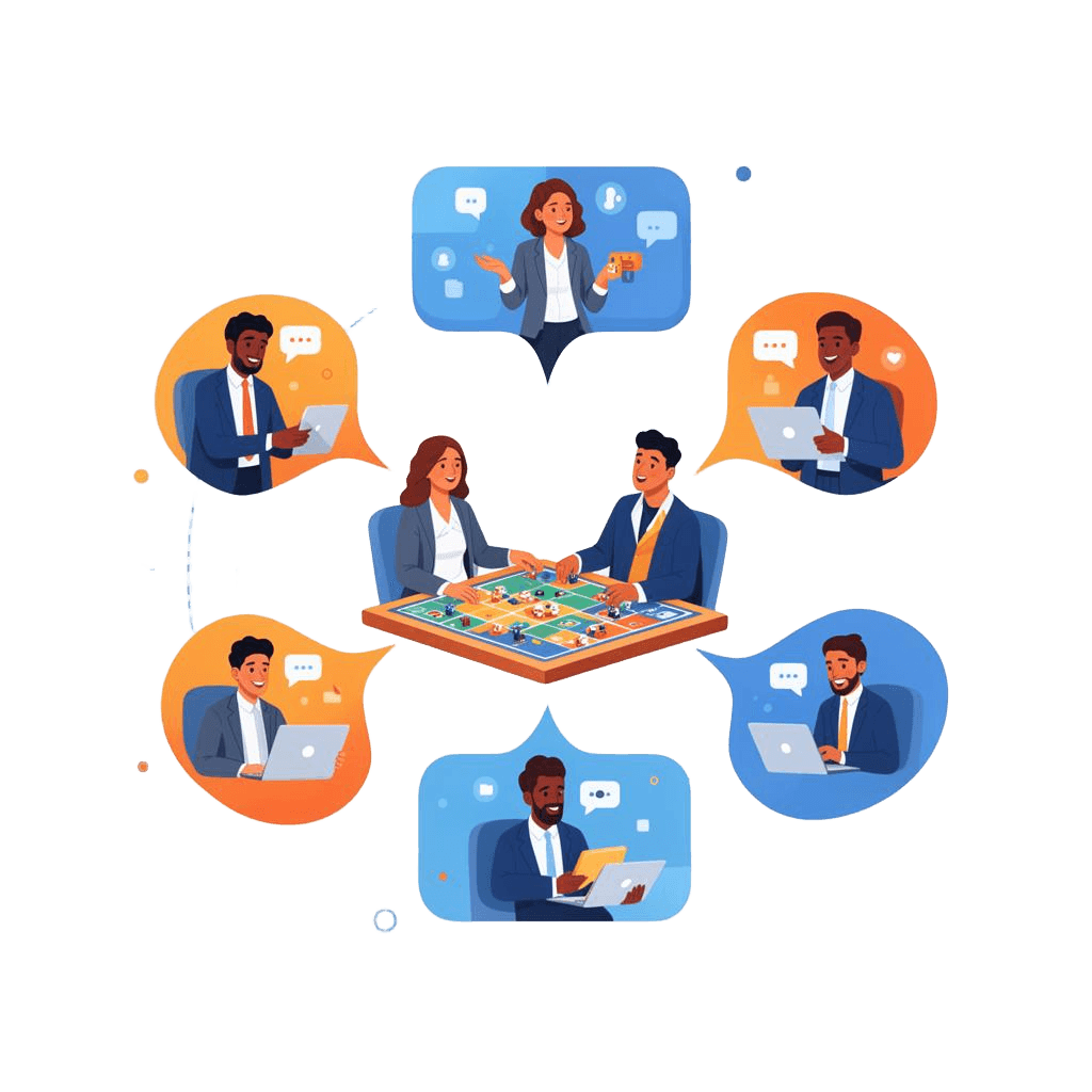 Ilustração de equipe remota jogando jogo de tabuleiro e colaborando online